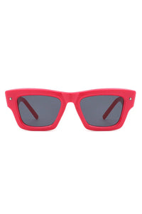 Side angle of black plastic square sunglasses highlighting frame and temples.
