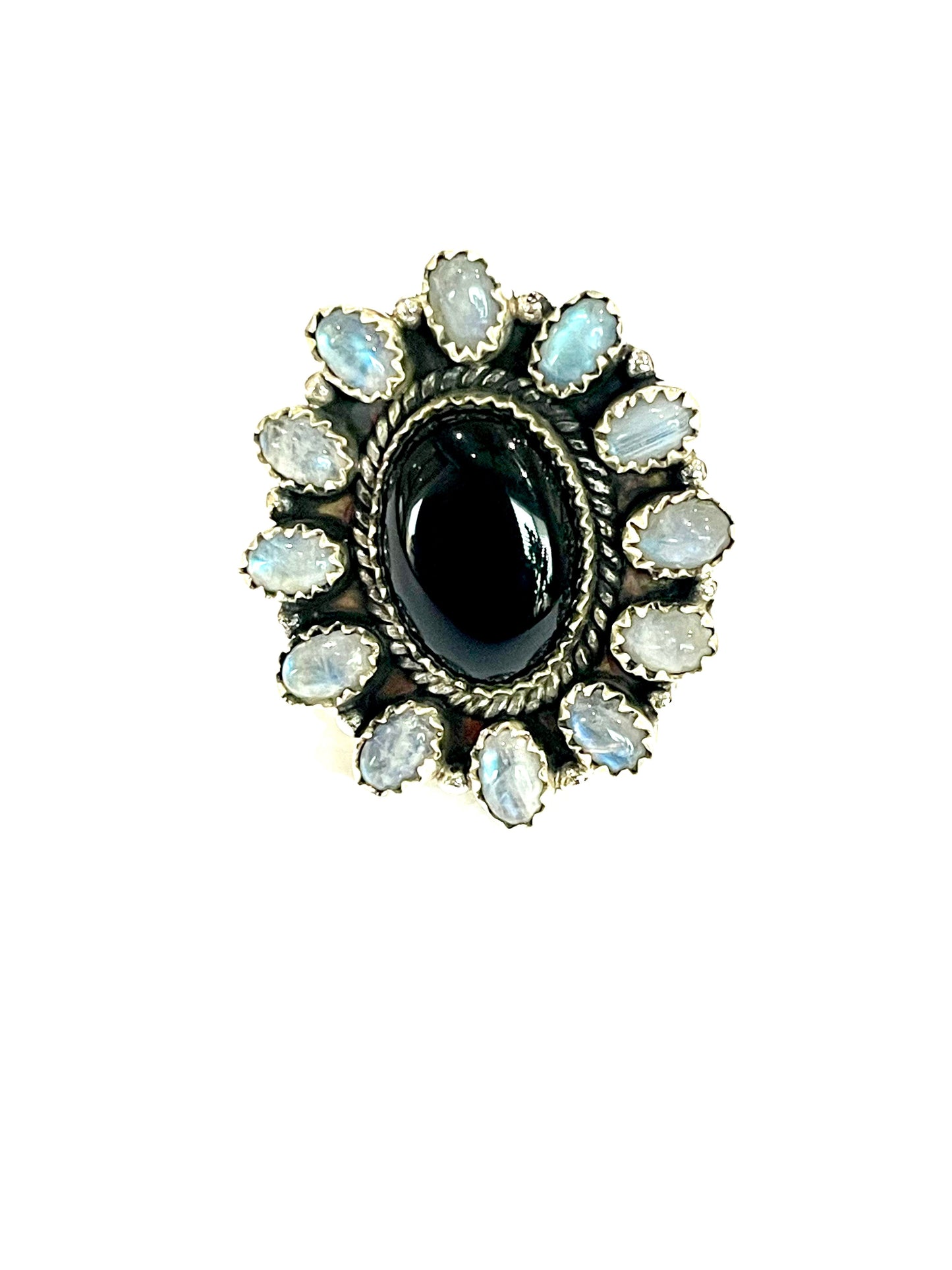 Handmade Sterling Silver, Onyx & Moonstone Cluster Adjustable Ring