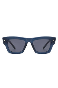 Sunglasses laid flat with square cat eye frame and dark tinted lenses.