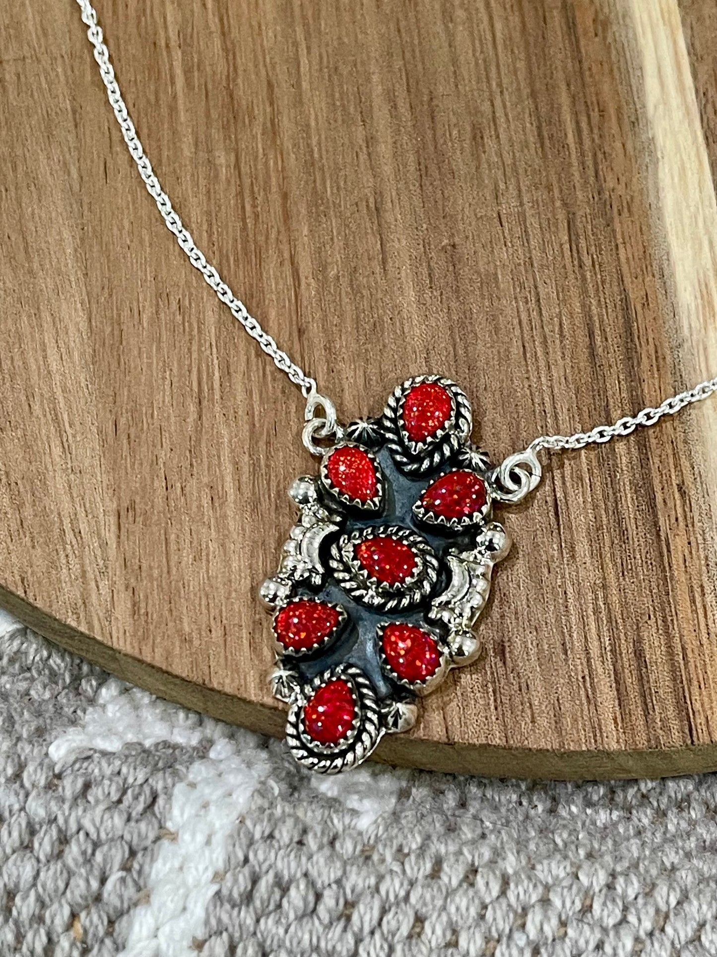 Handmade Sterling Silver & Red Fire Opal Cluster Necklace