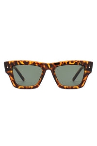 Close-up detail of sunglasses hinge and arm connecting to squared frame.