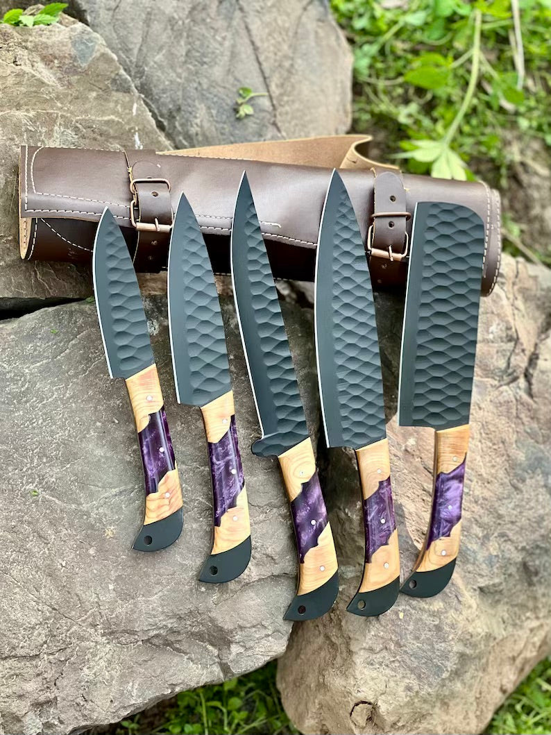 Best Knife Block Set – 13" Forged Stainless Steel Chef Knife with Olivewood & Epoxy Resin Handle + Leather Sheath