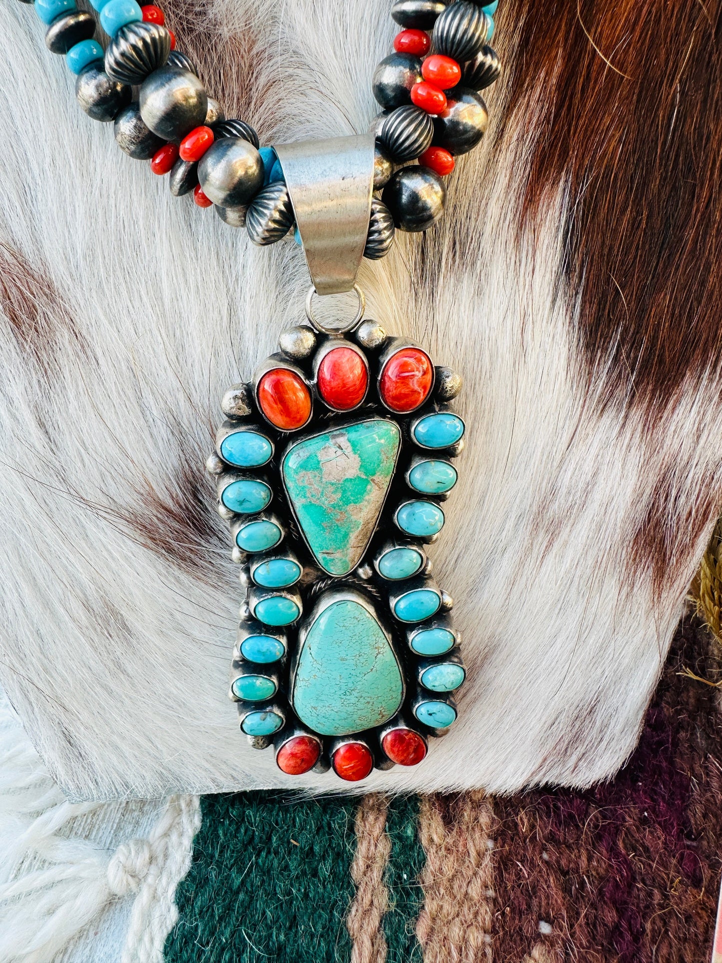 Handcrafted Vintage Old Pawn Turquoise, Spiny & Sterling Silver Beaded Necklace and Earring Set
