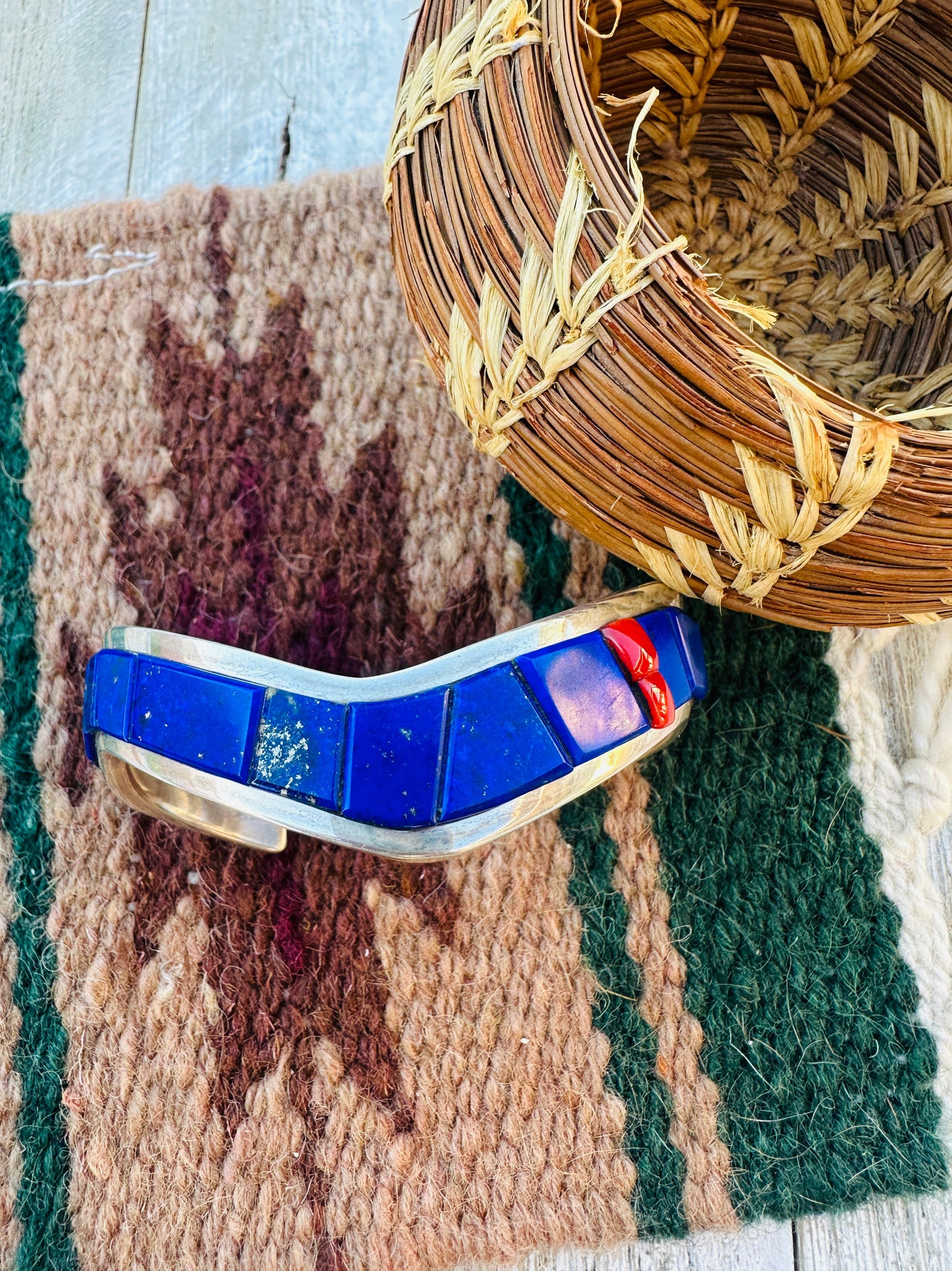 Handcrafted Old Pawn Sterling Silver, Lapis & Coral Inlay Cuff Bracelet by The Dukepoos