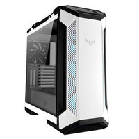 White ASUS TUF Gaming GT501 mid-tower PC case with metal front panel and tempered glass side panel