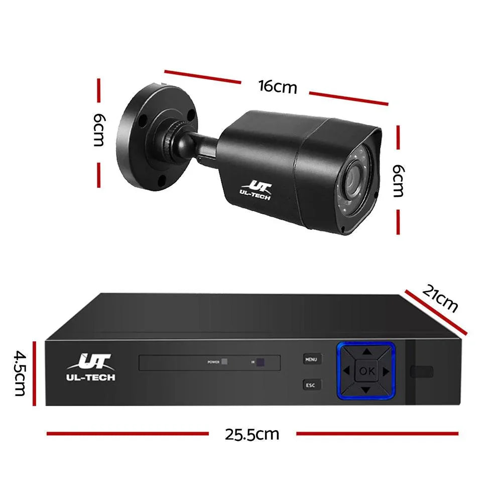 Close-up of a black 1080P outdoor security camera mounted on a wall