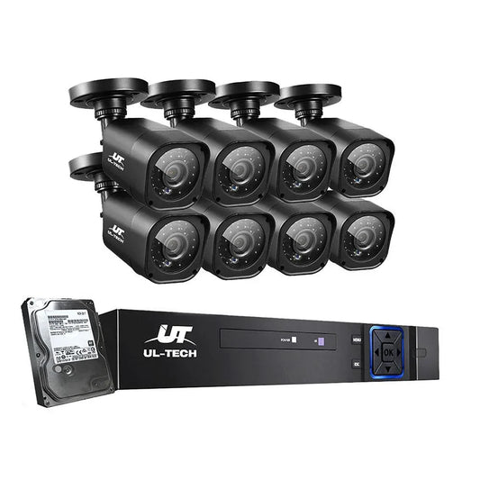 Front view of UL-tech 8-channel CCTV DVR system with cameras