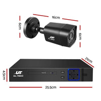 Close-up of four 1080p HD security cameras mounted on black stands