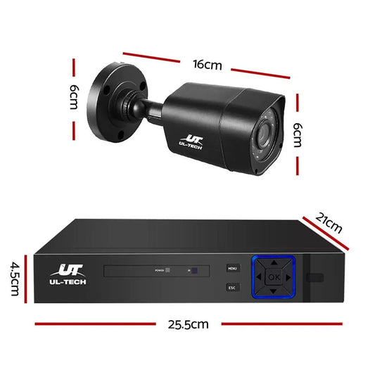 Close-up of four 1080p HD security cameras mounted on black stands