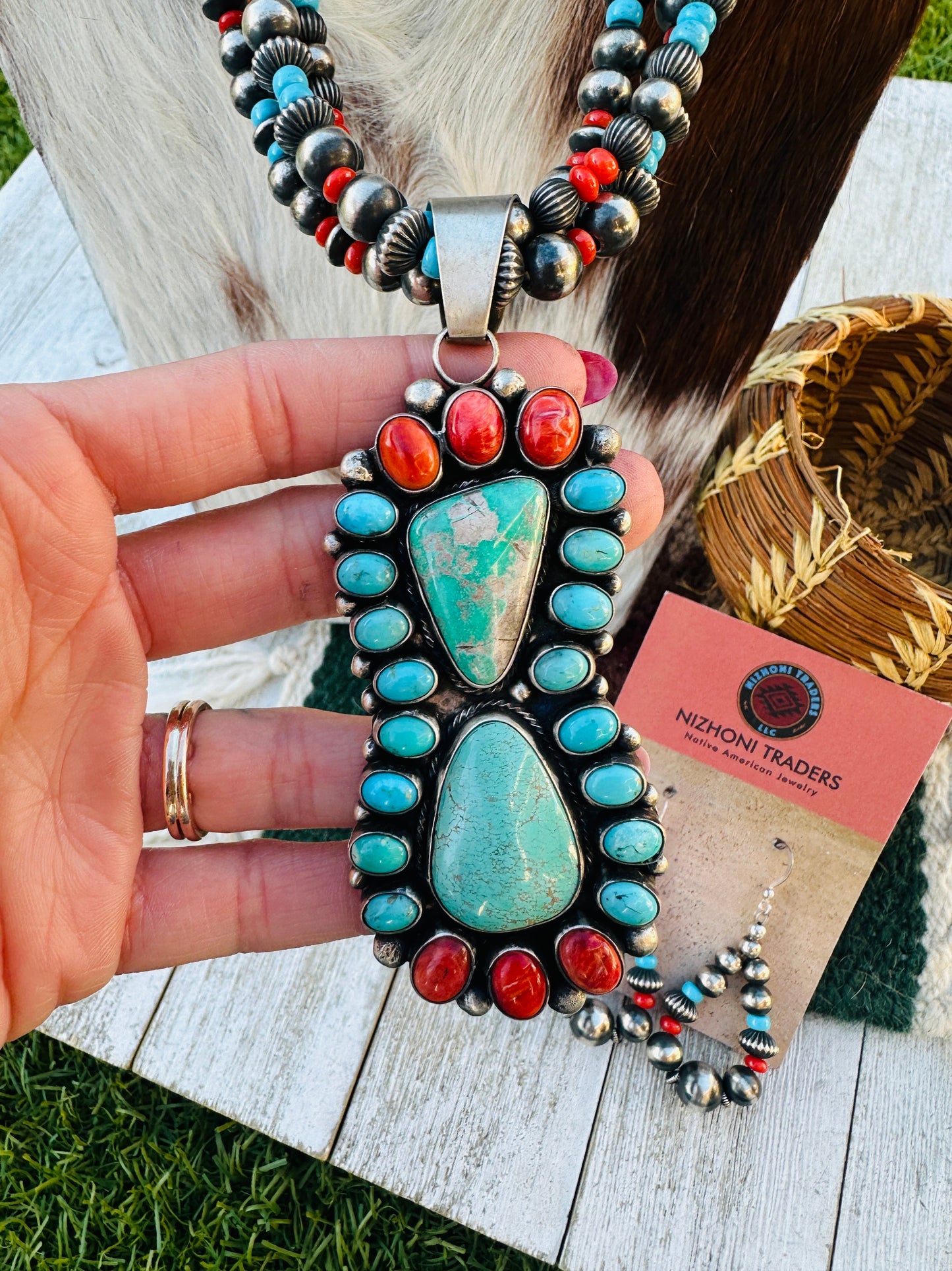 Handcrafted Vintage Old Pawn Turquoise, Spiny & Sterling Silver Beaded Necklace and Earring Set