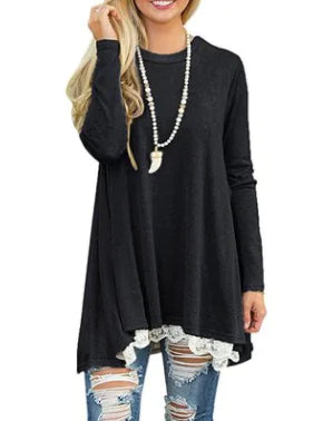 Lace Trim Round Neck Long Sleeve T-Shirt
