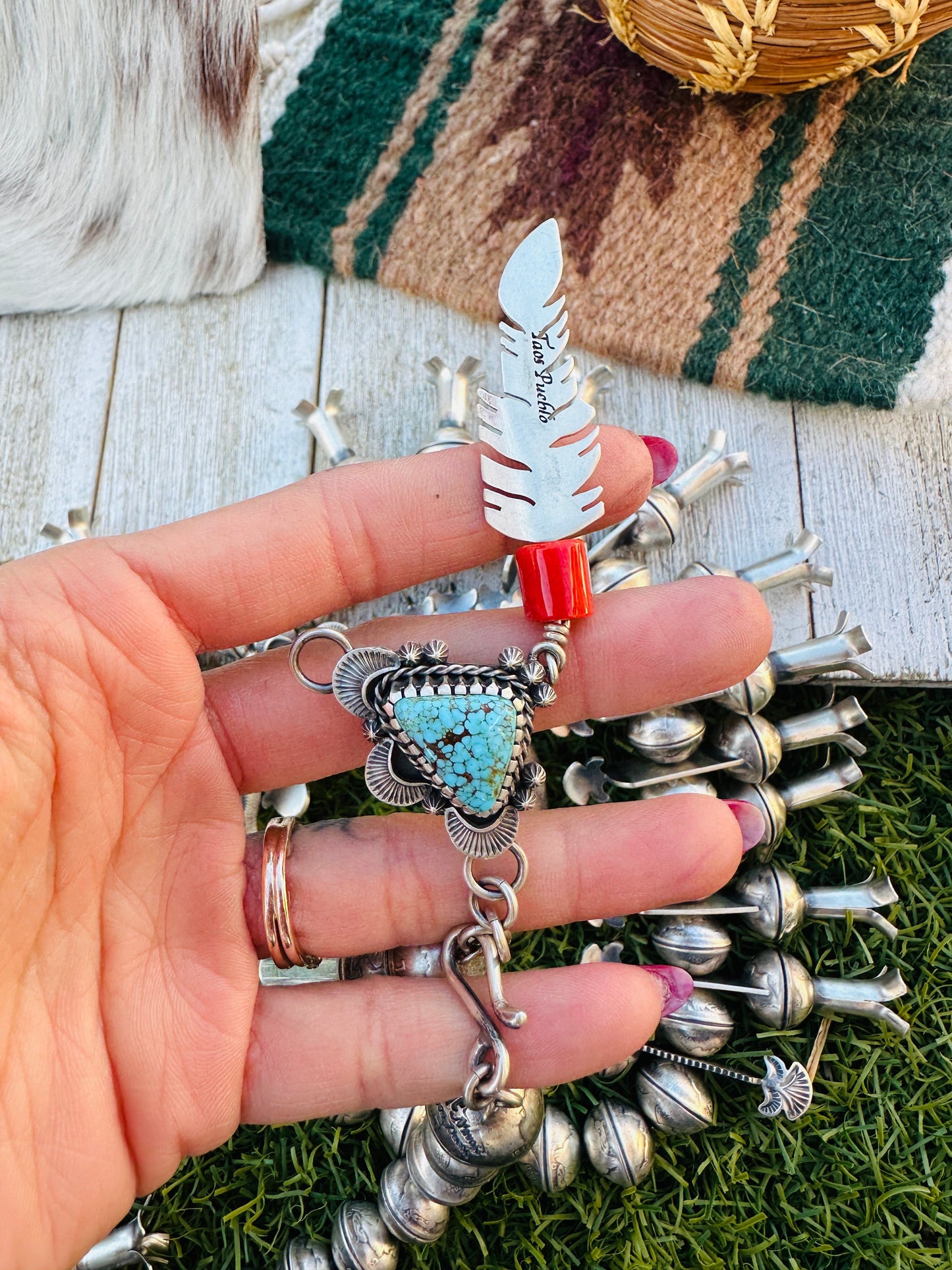 Handcrafted Vintage Old Pawn Turquoise & Sterling Silver Beaded Squash Blossom Necklace by James McCabe