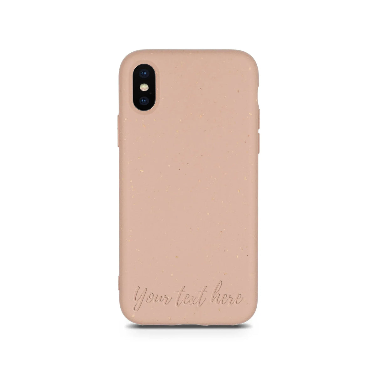Horizontal view of personalized compostable pastel pink phone case for iPhone XS.