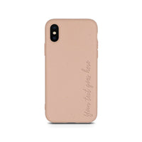 Vertical view of personalized compostable pastel pink phone case designed for iPhone XS.