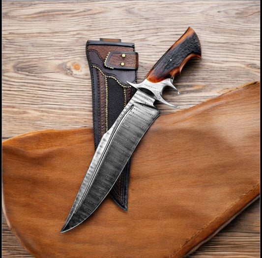 Custom Bowie Knife – 14" Handmade Damascus Steel with Stag Horn Handle | Fall Hunting Essential