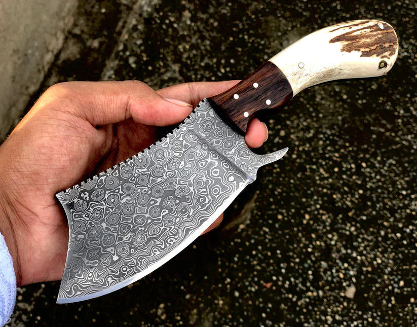 Handmade Damascus Steel Cleaver Knife with Antler Horn Handle & Rosewood Bolster - Includes Leather Sheath