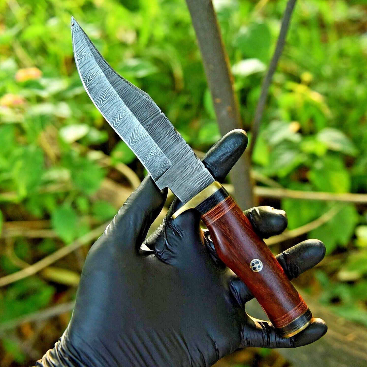 Damascus Steel Hunting Knife – 10" Blade with Brass Guard & Resin Pakkawood Handle, Leather Sheath Included