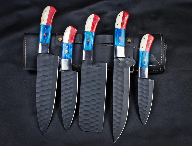 Custom Hand Forged Carbon Steel Chef’s Knife Set – 5 PCS BBQ & Kitchen Knives | Best Anniversary Gift for Him