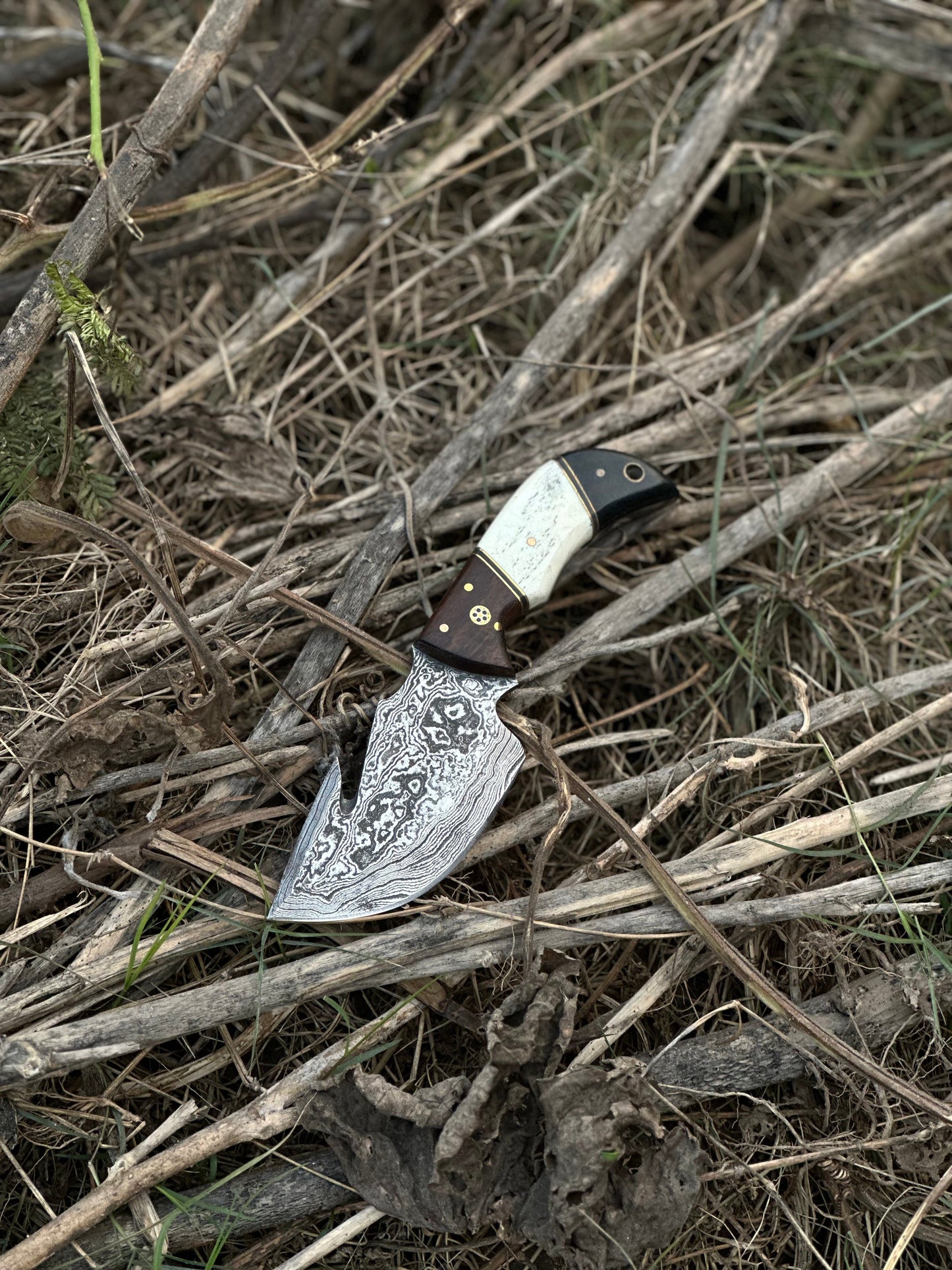 Custom Handmade Damascus Steel Guthook Skinning Knife with Rosewood, Camel Bone & Black Sheet Handle - 7.5” with Leather Sheath
