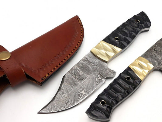 Custom Handmade Damascus Skinning Knife with Resin & Brass Handle