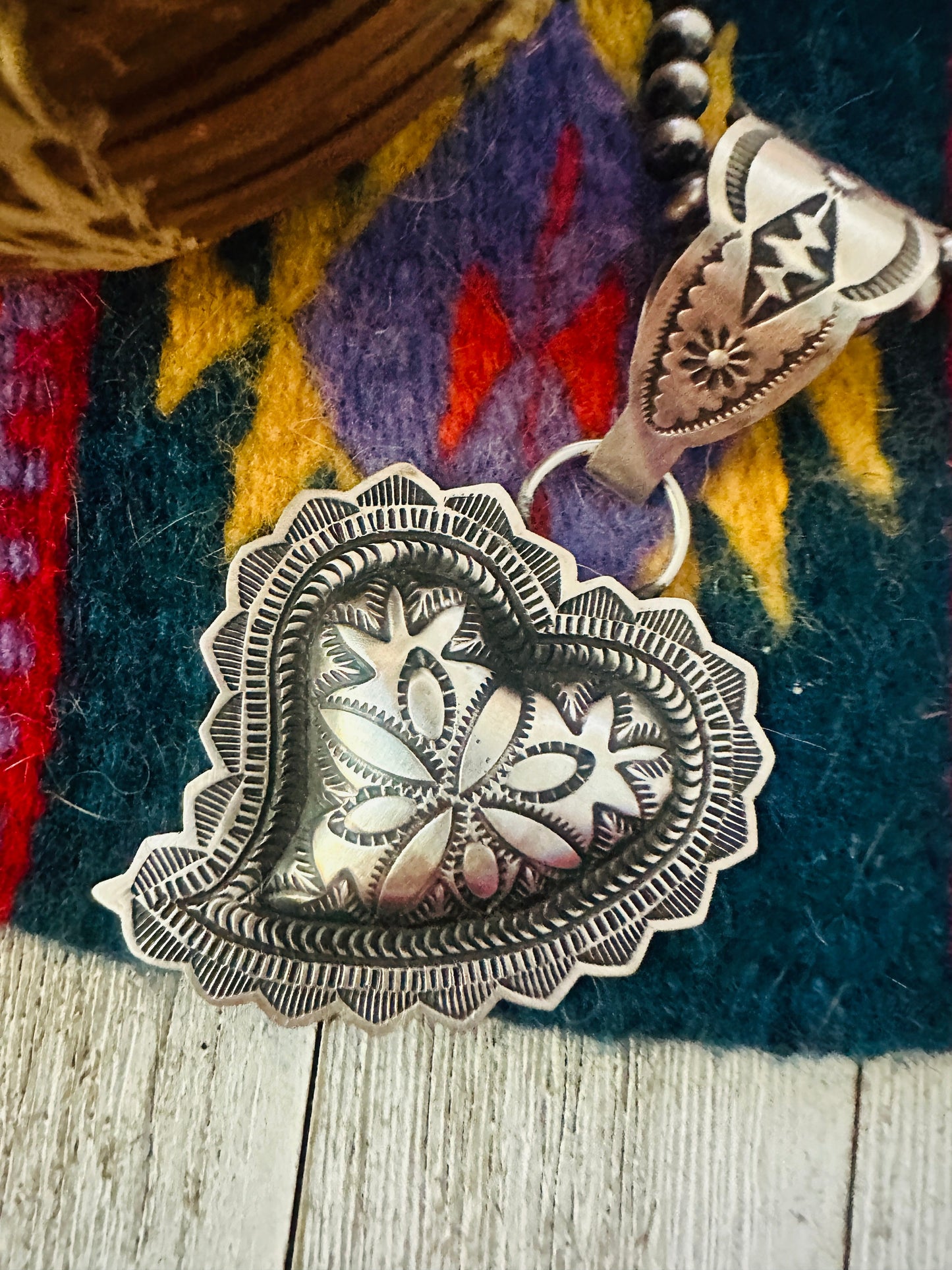 Handcrafted Sterling Silver Heart Concho Pendant by Leander Tahe