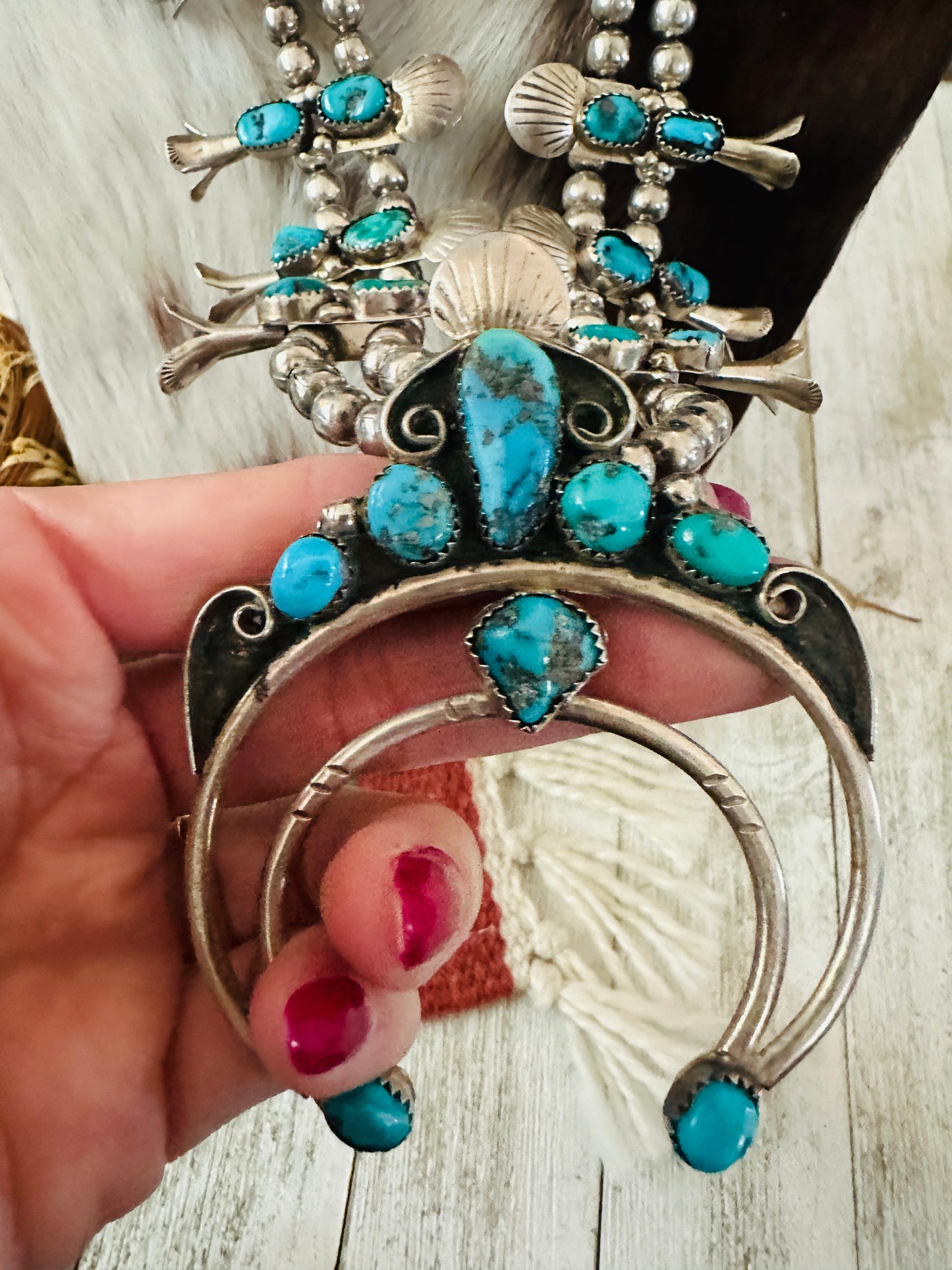 Old Pawn Handcrafted Turquoise & Sterling Silver Squash Blossom Necklace