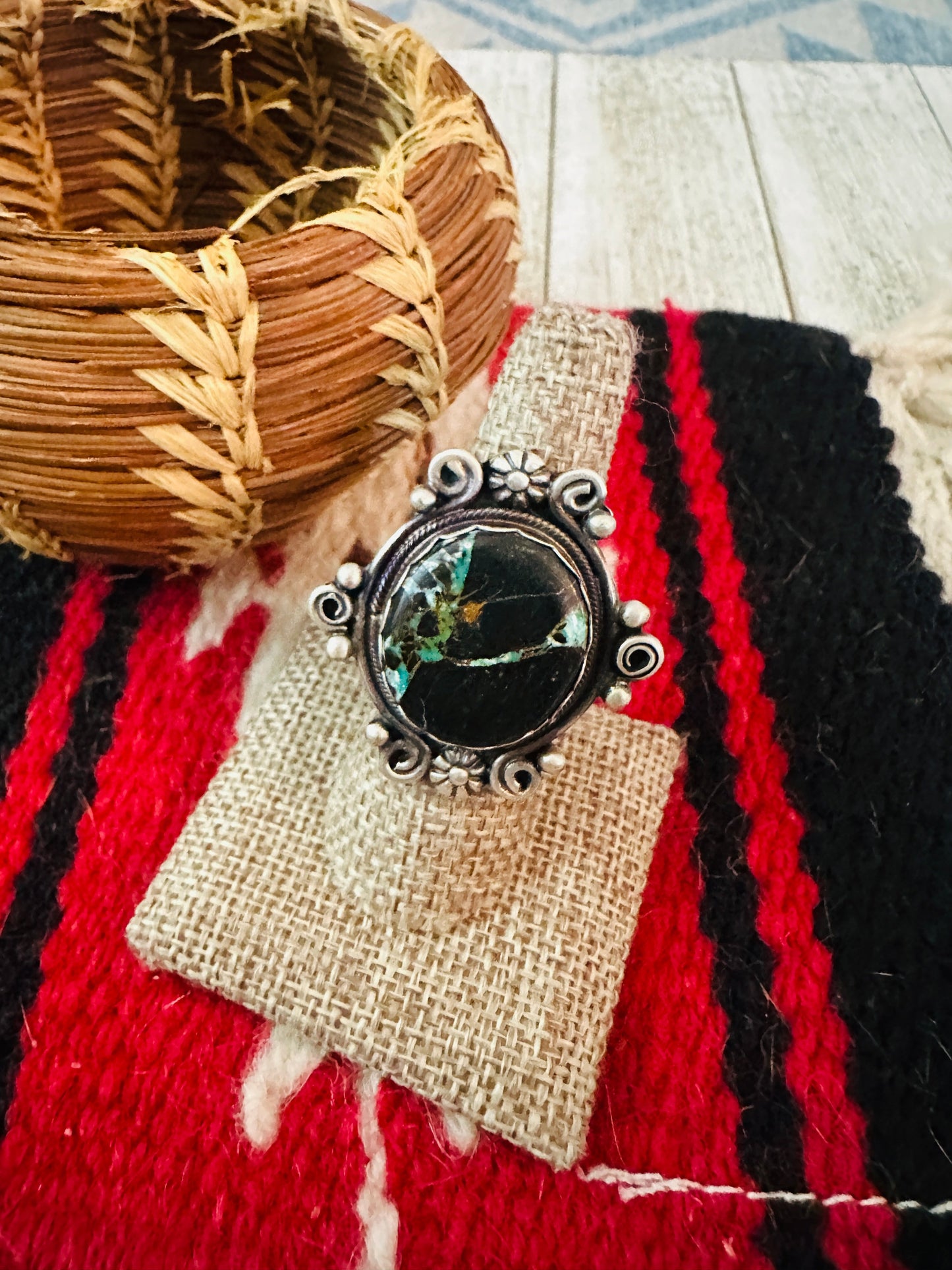 Handcrafted Blackjack Turquoise & Sterling Silver Ring Size 7.5 by Jamison Hoskie