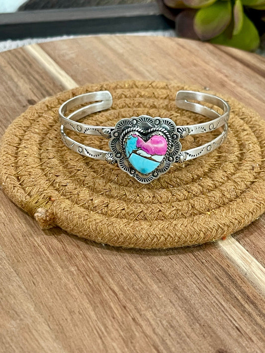 Handmade Sterling Silver & Cotton Candy Heart Cuff Bracelet