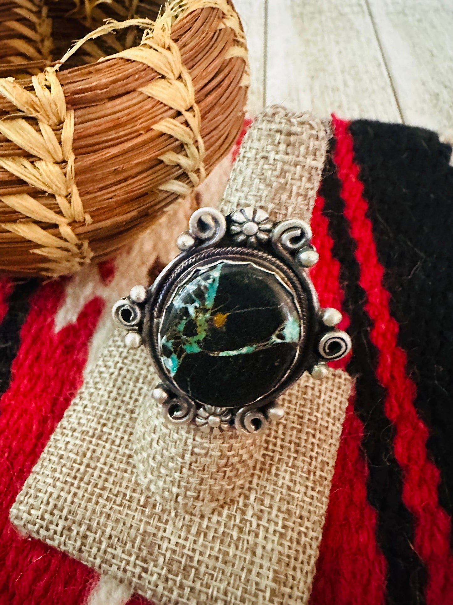 Handcrafted Blackjack Turquoise & Sterling Silver Ring Size 7.5 by Jamison Hoskie