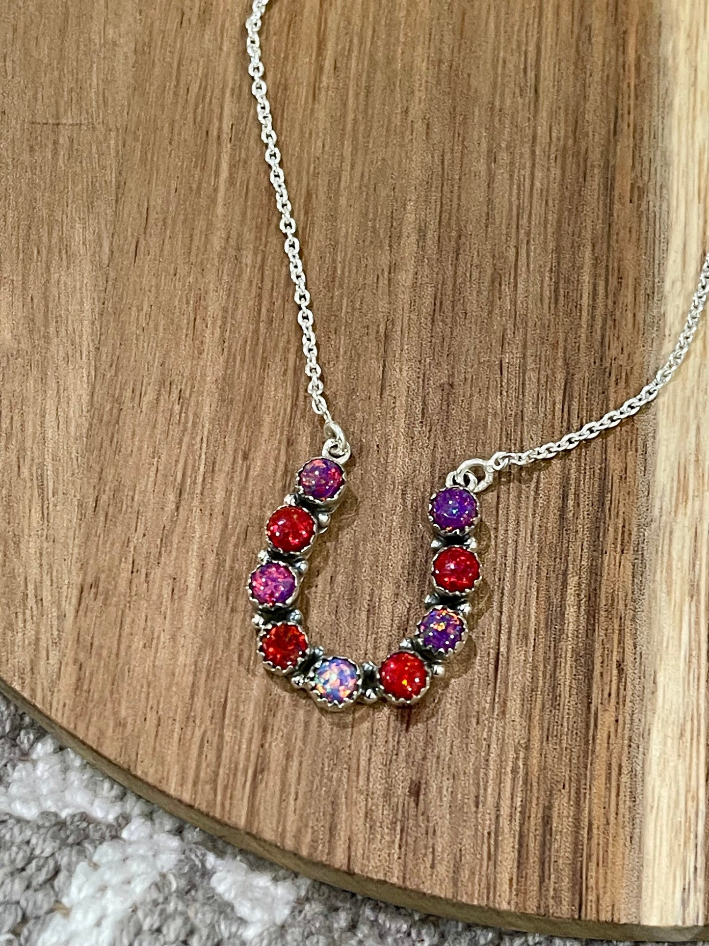 Handmade Sterling Silver, Red Fire Opal & Purple Fire Opal Horseshoe Necklace