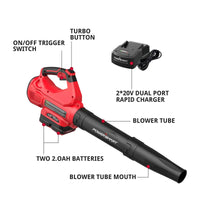 Leaf blower showcased from front angle displaying ergonomic handle and outlet nozzle.