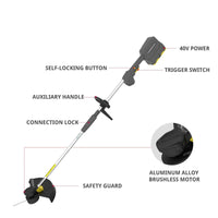 Close-up of brush cutter cutting head with safety guard and line feed mechanism