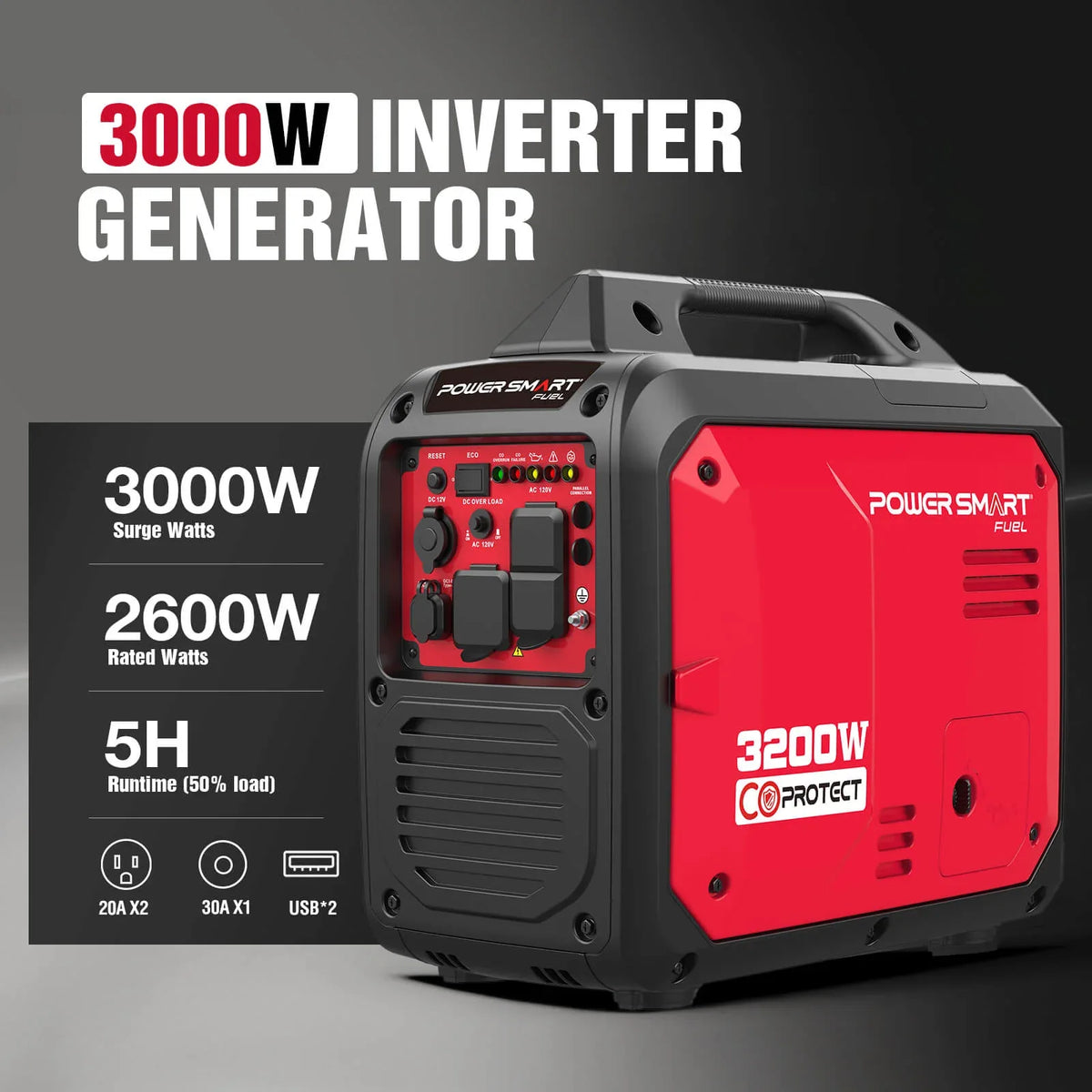 Side angle of compact inverter gas generator highlighting durable ABS housing and vents.
