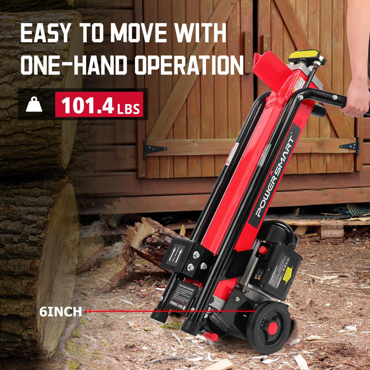 Log splitter's compact design and wheels highlighted from side angle.