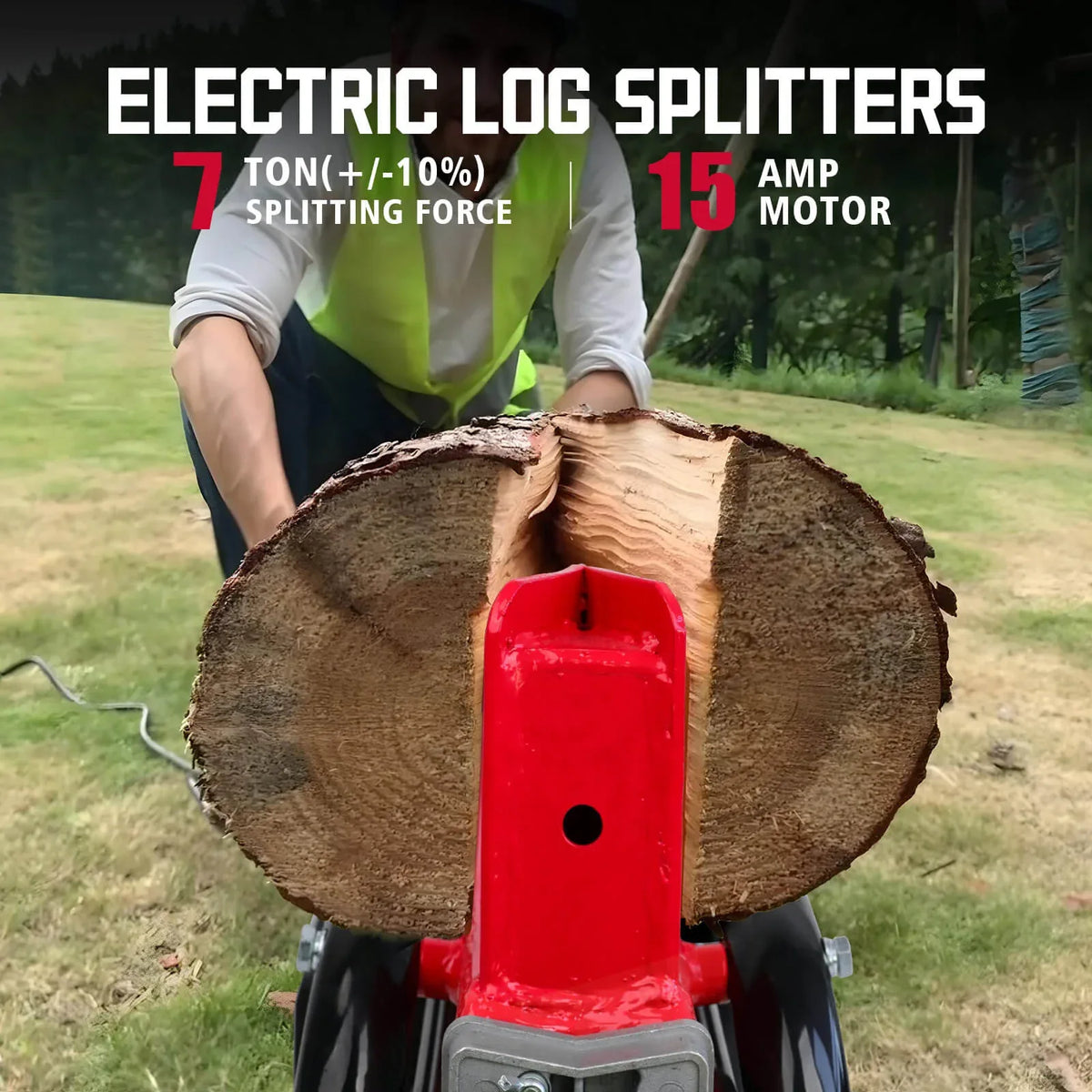 Handle and wheel detail of the electric wood log splitter for easy mobility.