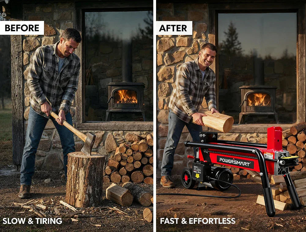 Front view of powerful 7-ton electric log splitter on white background.