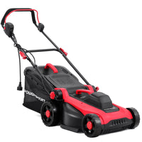 Top-down view of the lawn mower highlighting 14-inch cutting deck and controls.