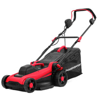 Front angle view of a compact 14-inch corded electric lawn mower with ergonomic handle.