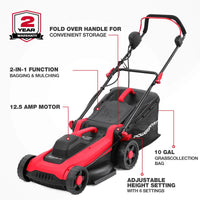 Side view of the corded electric lawn mower showing adjustable height settings and wheels.