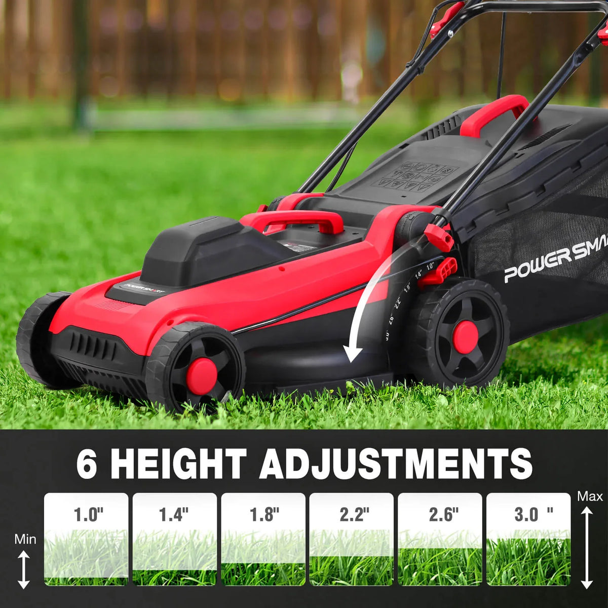 Foldable electric lawn mower partially folded for easy storage and transport.