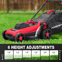 Foldable electric lawn mower partially folded for easy storage and transport.