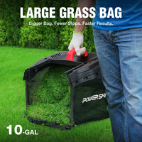 Rear view of the push lawn mower showing grass catcher attachment and handle.