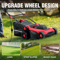 Detailed shot of handle grip and control switch on corded lawn mower.