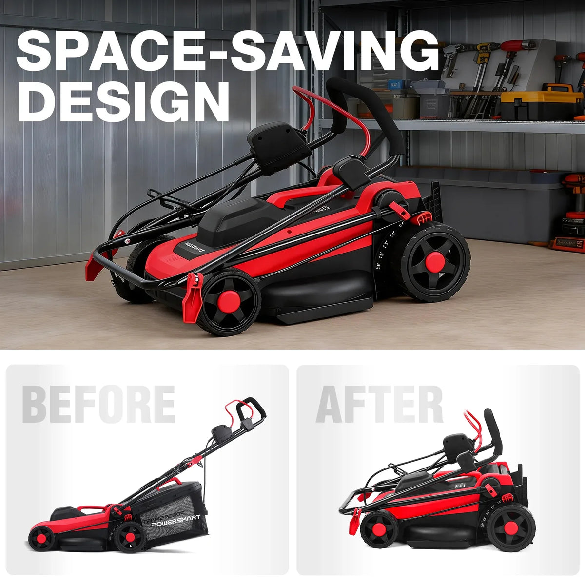 A compact electric lawn mower with a 14-inch deck and adjustable height, designed for easy mowing and storage.