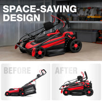 A compact electric lawn mower with a 14-inch deck and adjustable height, designed for easy mowing and storage.
