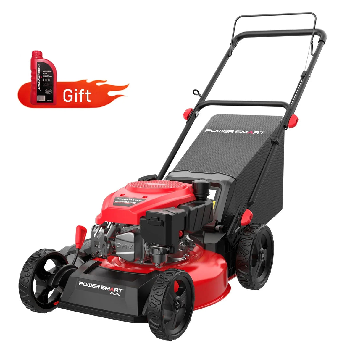 Side view of 17-inch gas push lawn mower with metal deck and black and green body
