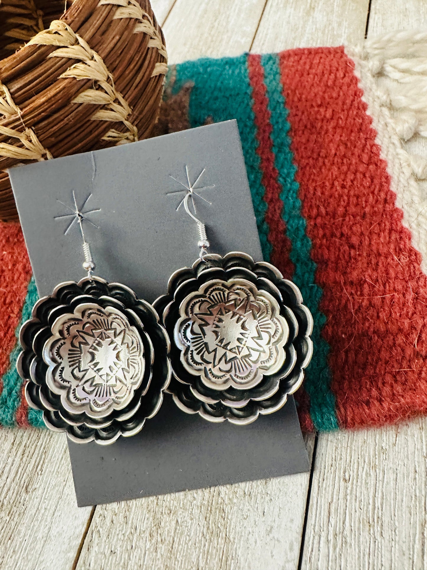 Handcrafted Sterling Silver Concho Dangle Earrings by Leander Tahe