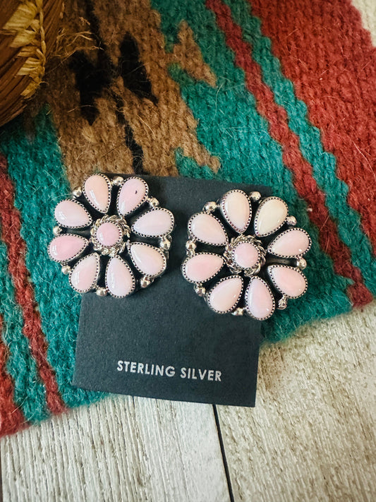 Handcrafted Queen Pink Conch & Sterling Silver Cluster Post Earrings