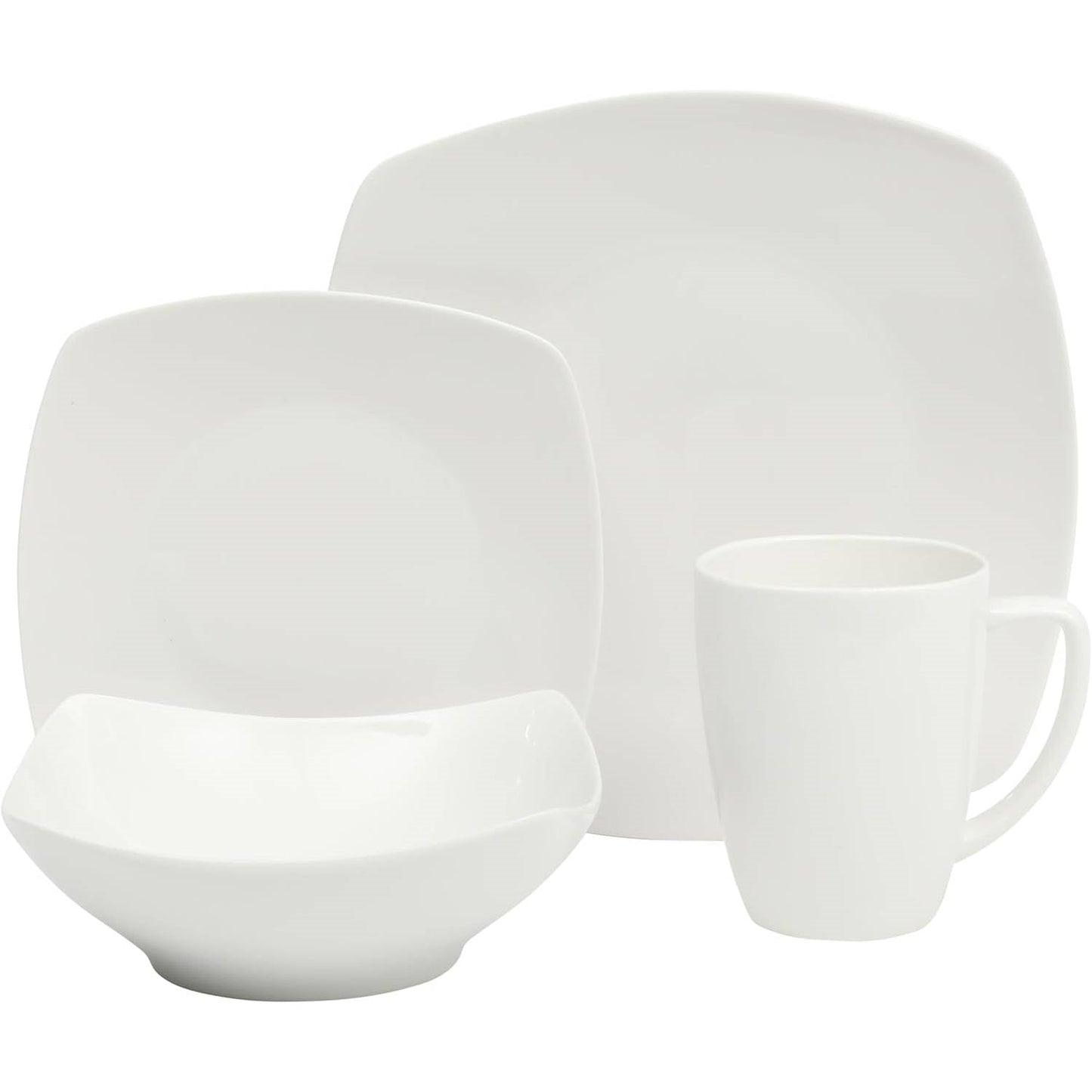 16 Pieces - White Square Porcelain Dinnerware Set - Service for 4