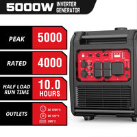 Front angle view of a black and orange portable inverter generator outdoors